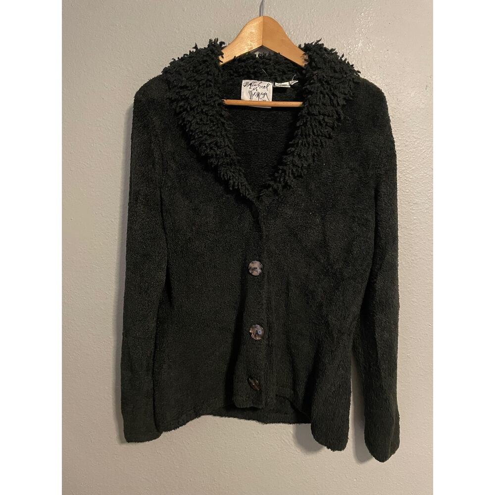 Vintage Michael Simon Cardigan Sweater Womens Medium Black Shaggy Collar 90s